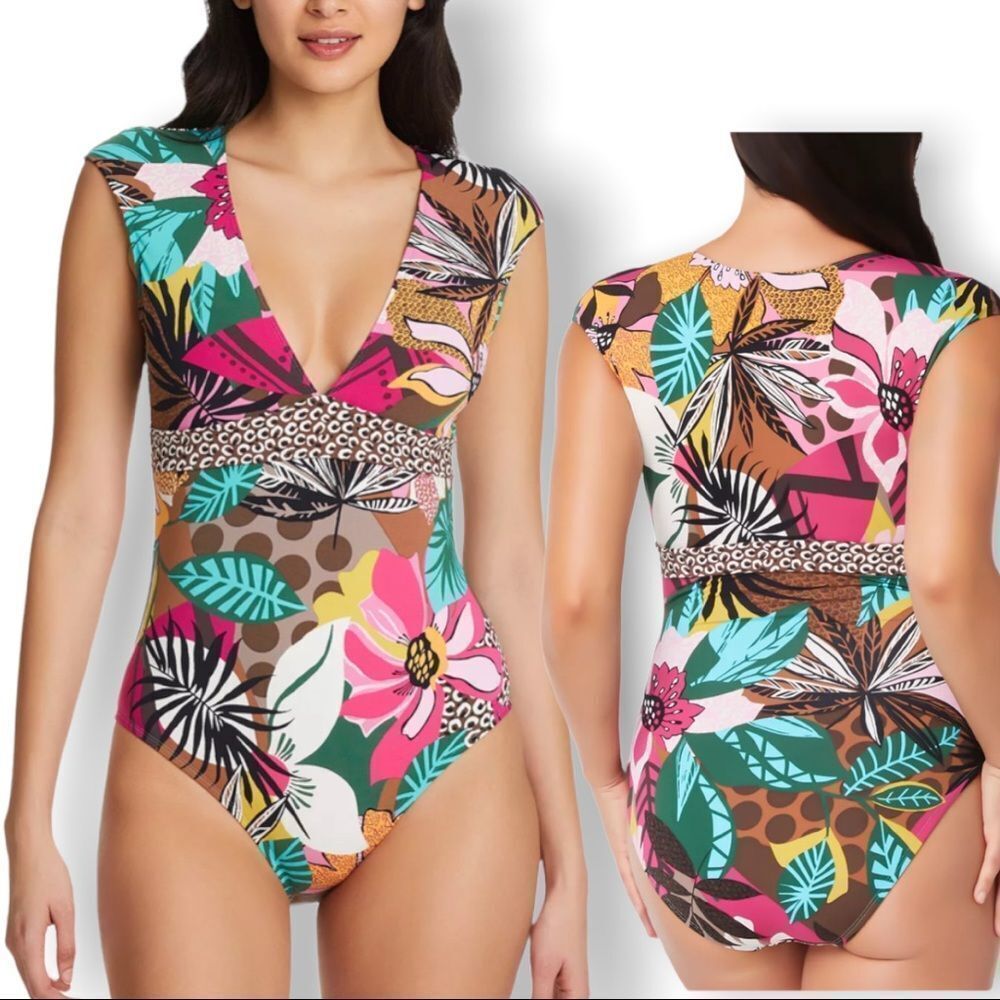 BLEU BY ROD BEATTIE Sz 4 Cheetah Tropical Printed Cap Sleeve One Piece Swimsuit